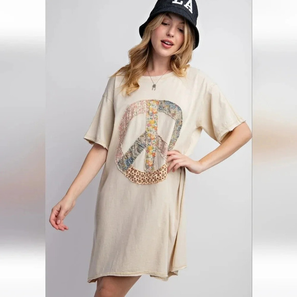 New! Easel Peace Patch Washed Cotton Jersey T-Shirt Tunic Dress L - Picture 2 of 6